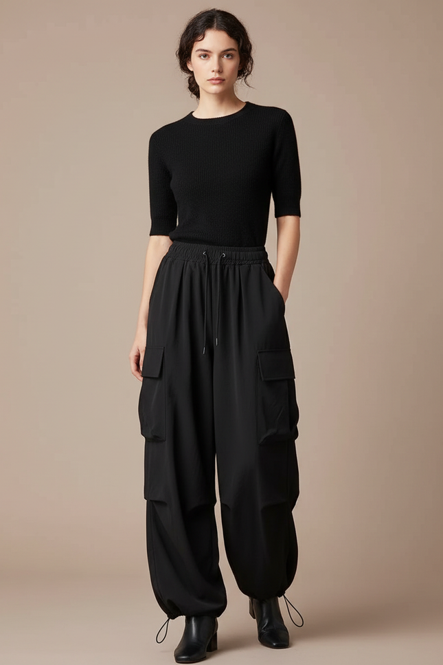 Pantalon Fluide Noir Ample Cargo Taille Haute - Polyester