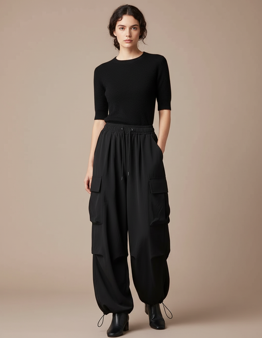 Pantalon Fluide Noir Ample Cargo Taille Haute - Polyester