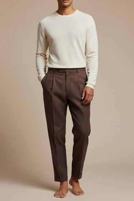 Pantalon Fluide Marron Plissé Droit Élégant Homme - Gabardine