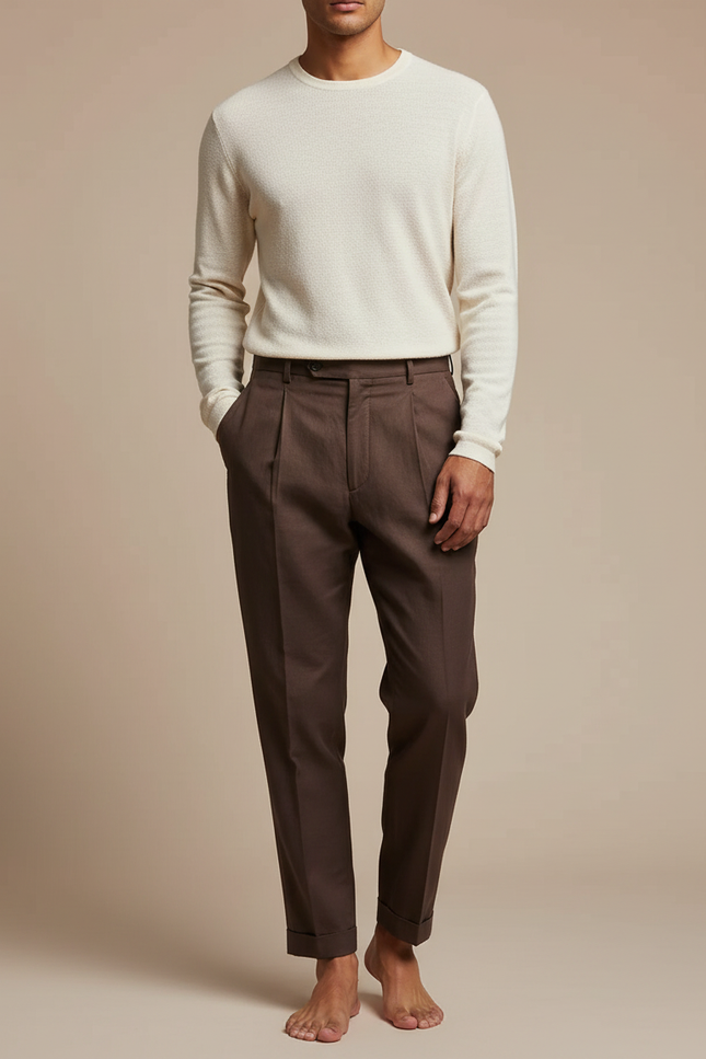 Pantalon Fluide Marron Plissé Droit Élégant Homme - Gabardine