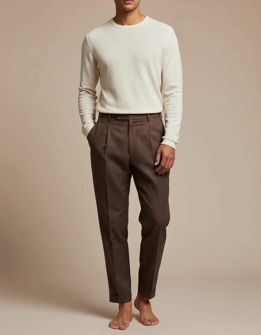 Pantalon Fluide Marron Plissé Droit Élégant Homme - Gabardine