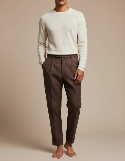 Pantalon Fluide Marron Plissé Droit Élégant Homme - Gabardine