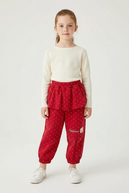 Pantalon Fluide Rouge Pois Blancs Ample Hiver Enfant - Molleton