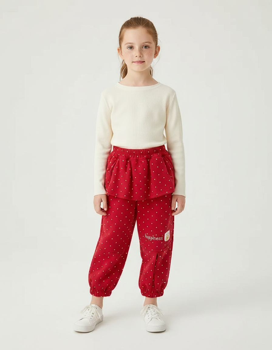Pantalon Fluide Rouge Pois Blancs Ample Hiver Enfant - Molleton