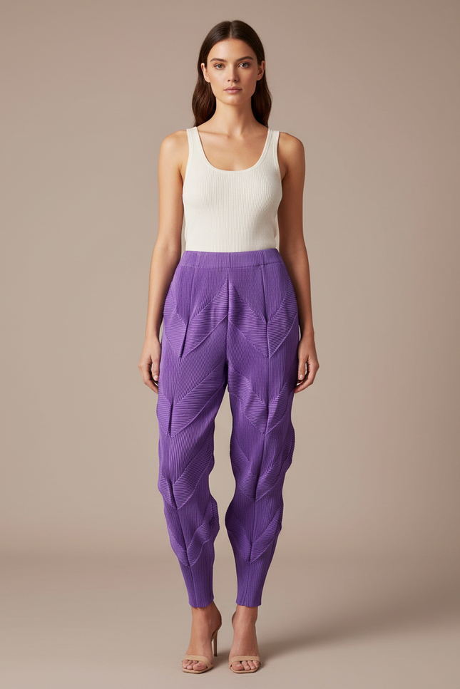 Pantalon Fluide Plissé Violet Chevrons Femme Élégant - Polyester