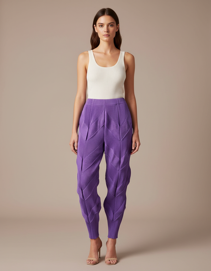 Pantalon Fluide Plissé Violet Chevrons Femme Élégant - Polyester