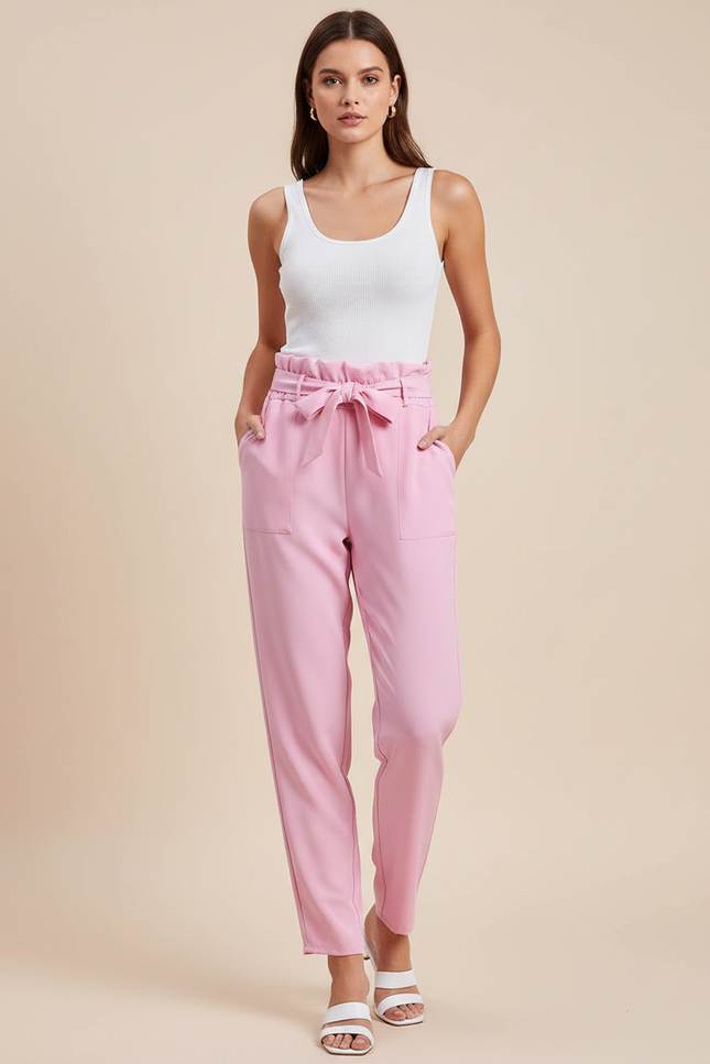 Pantalon Fluide Rose Taille Haute Ceinturé Élégant - Polyester