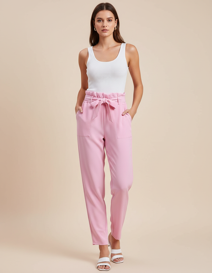 Pantalon Fluide Rose Taille Haute Ceinturé Élégant - Polyester