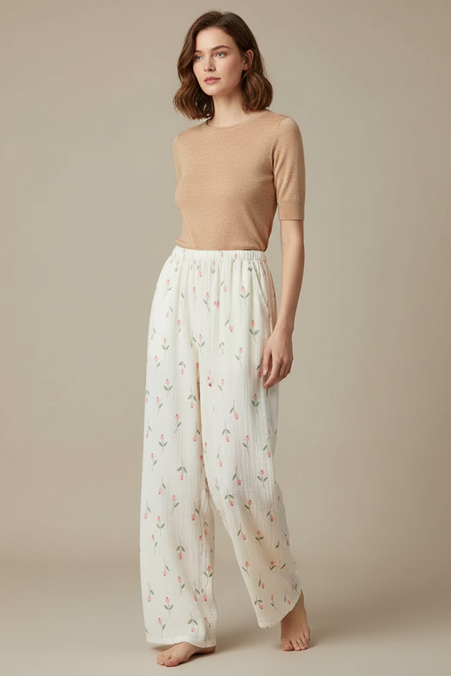 Pantalon Fluide Blanc Imprimé Floral Coton Ample Décontracté