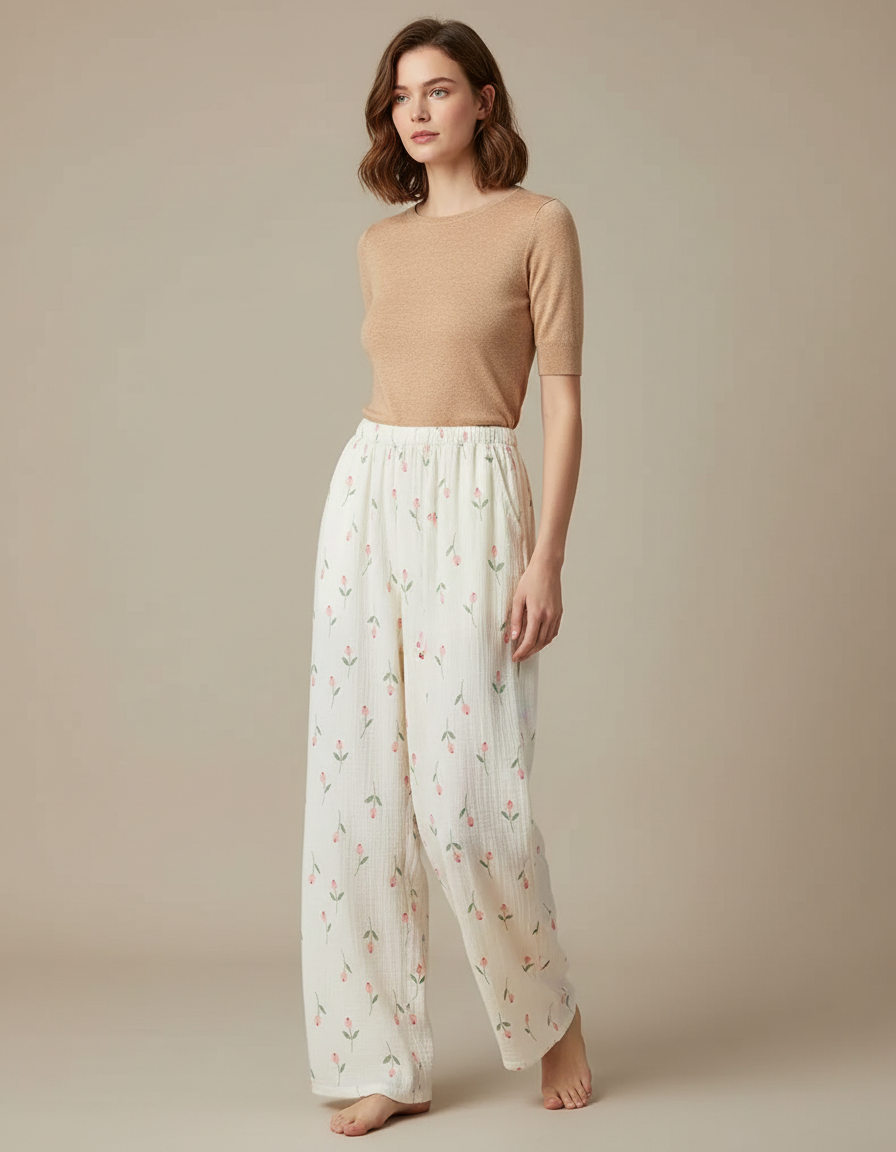 Pantalon Fluide Blanc Imprimé Floral Coton Ample Décontracté