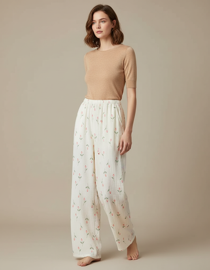 Pantalon Fluide Blanc Imprimé Floral Coton Ample Décontracté