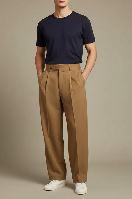 Pantalon Fluide Homme Plissé Ample Marron Élégant - Gabardine