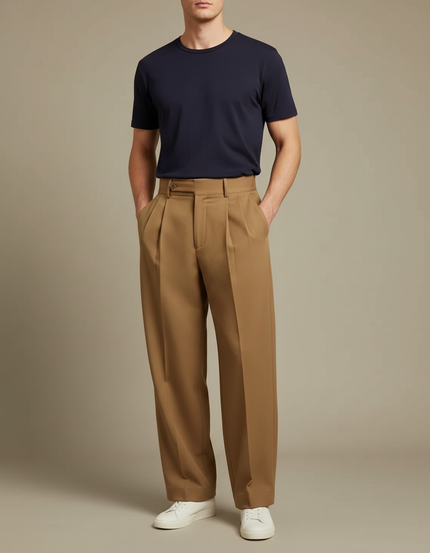 Pantalon Fluide Homme Plissé Ample Marron Élégant - Gabardine