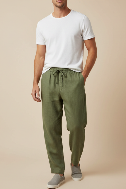 Pantalon Fluide Kaki Lin Ample Cordon Décontracté