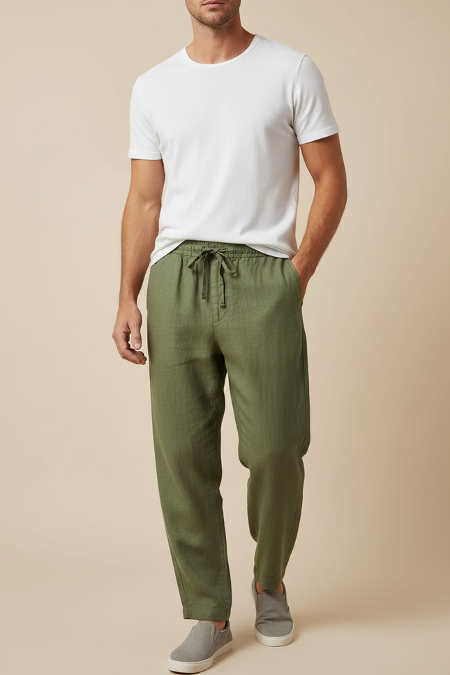 Pantalon Fluide Kaki Lin Ample Cordon Décontracté