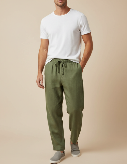 Pantalon Fluide Kaki Lin Ample Cordon Décontracté
