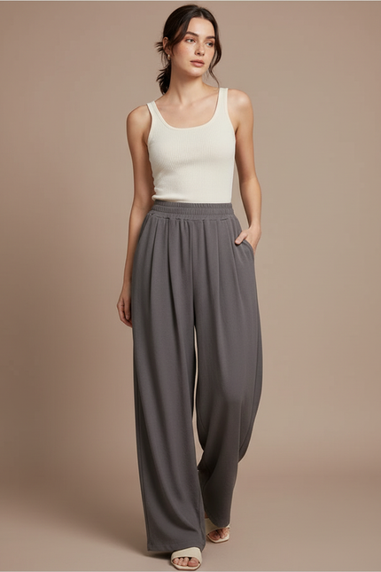 Pantalon Fluide Gris Ample Confortable Élastique - Viscose