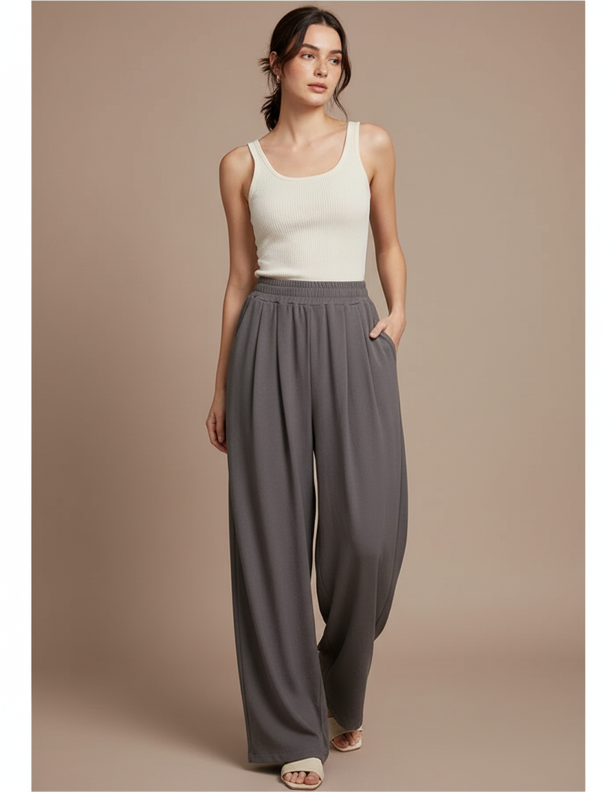 Pantalon Fluide Gris Ample Confortable Élastique - Viscose