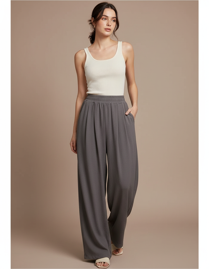 Pantalon Fluide Gris Ample Confortable Élastique - Viscose