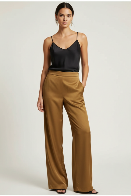 Pantalon Fluide Satin Beige - Doré