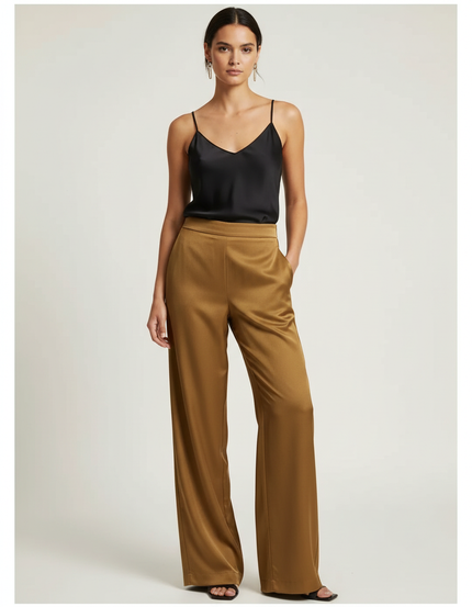 Pantalon Fluide Satin Beige - Doré