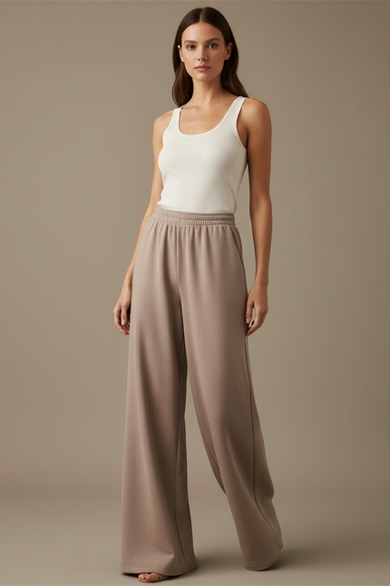 Pantalon Fluide Beige Ample Décontracté Femme - Molleton