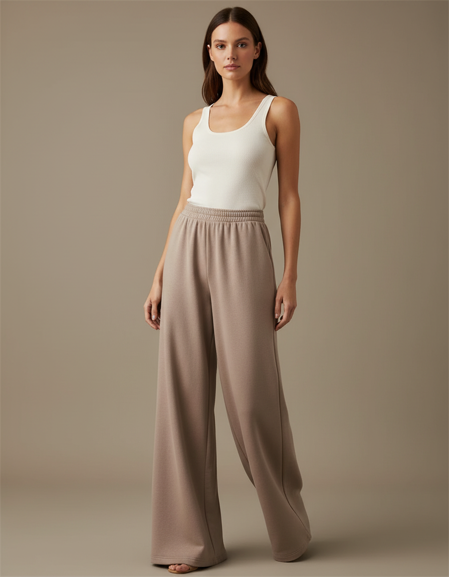 Pantalon Fluide Beige Ample Décontracté Femme - Molleton
