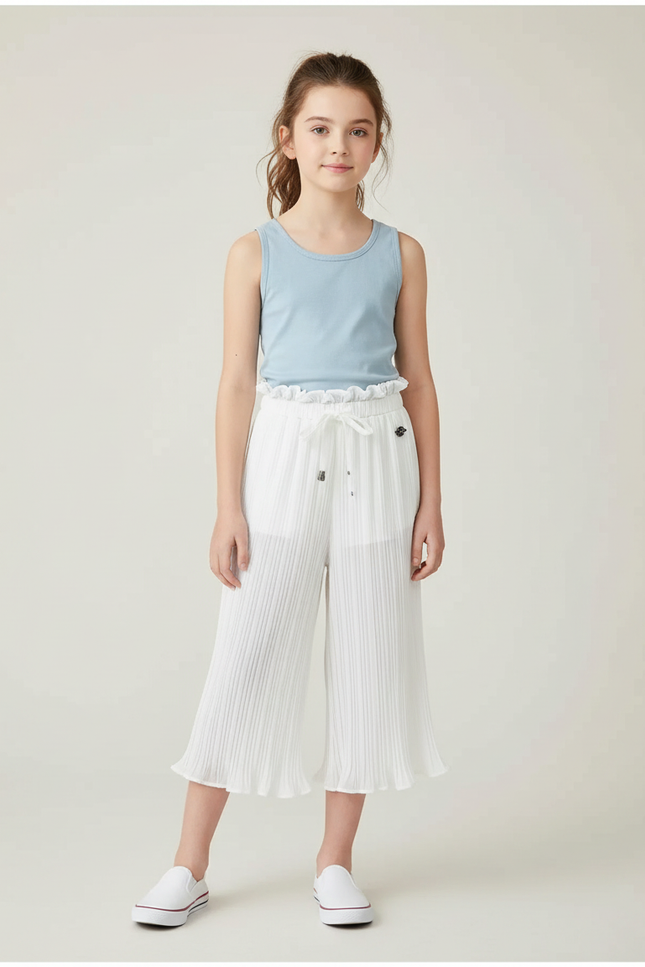 Pantalon Fluide Blanc Plissé Fille Léger Ceinture Froncée - Polyester