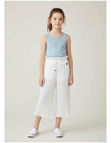 Pantalon Fluide Blanc Plissé Fille Léger Ceinture Froncée - Polyester