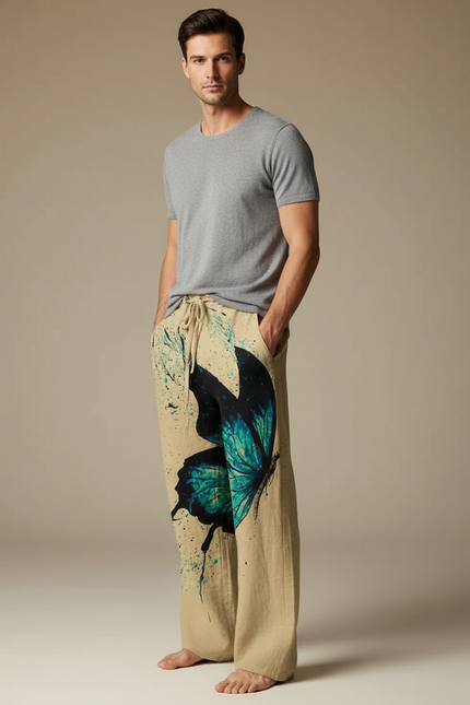 Pantalon Fluide Beige Papillon Bleu Décontracté Homme - Lin