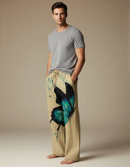 Pantalon Fluide Beige Papillon Bleu Décontracté Homme - Lin