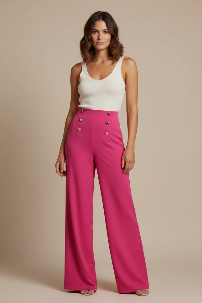 Pantalon Fluide Rose Boutons Dorés Taille Haute Élégant - Polyester