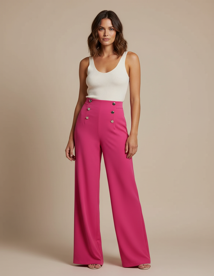 Pantalon Fluide Rose Boutons Dorés Taille Haute Élégant - Polyester