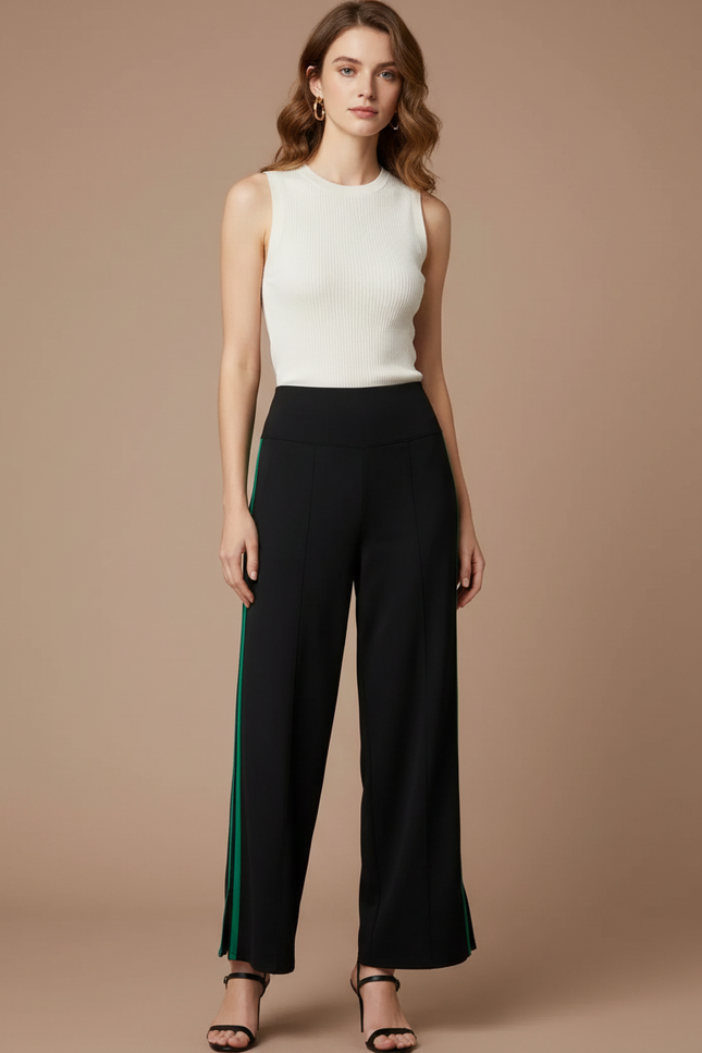 Pantalon Fluide Noir Ample Bande Verte Élégant - Polyester