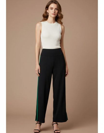 Pantalon Fluide Noir Ample Bande Verte Élégant - Polyester