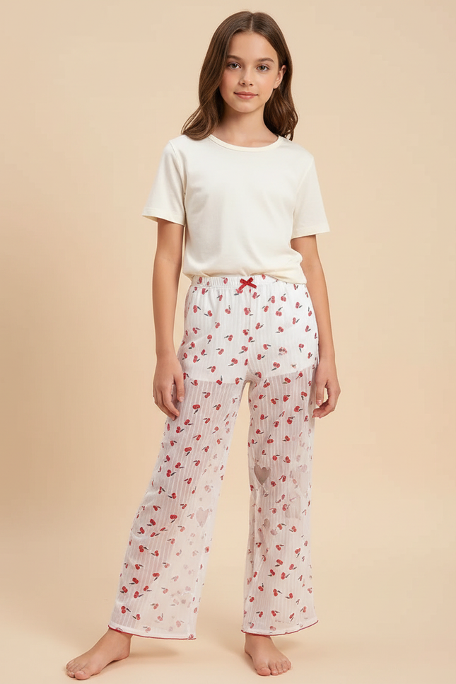 Pantalon Fluide Blanc Transparent Cerises Fille - Polyester