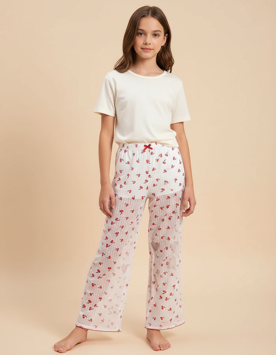 Pantalon Fluide Blanc Transparent Cerises Fille - Polyester