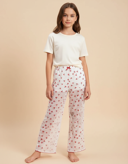 Pantalon Fluide Blanc Transparent Cerises Fille - Polyester