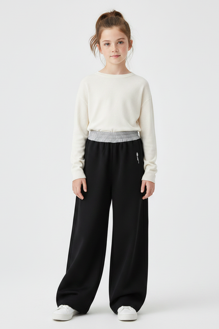 Pantalon Fluide Noir Ample Coton Sportif Fille - Molleton