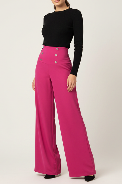 Pantalon Fluide Fuchsia Taille Haute Boutons Larges Élégant - Rose Polyester