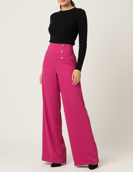 Pantalon Fluide Fuchsia Taille Haute Boutons Larges Élégant - Rose Polyester