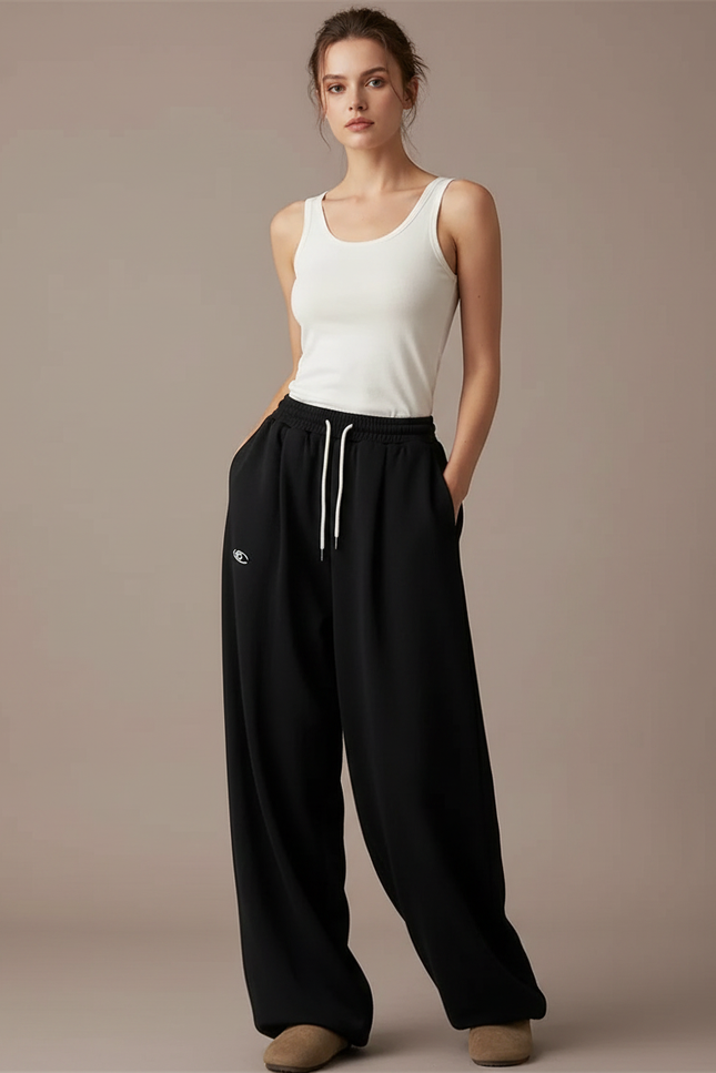 Pantalon Fluide Noir Ample Décontracté Cordon Brodé - Molleton