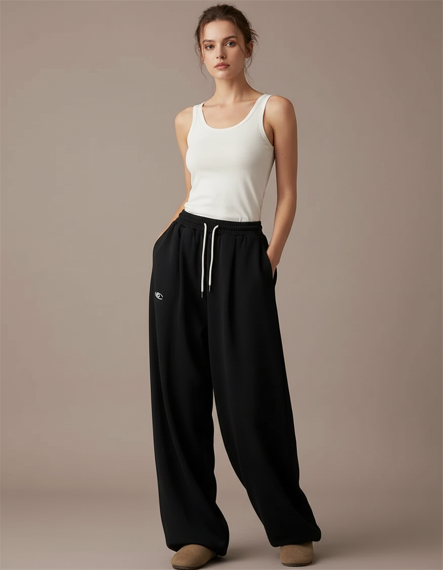 Pantalon Fluide Noir Ample Décontracté Cordon Brodé - Molleton