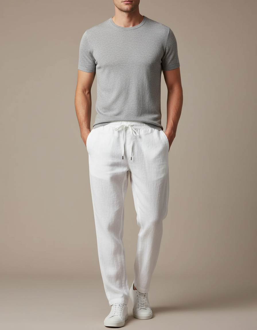 Pantalon Fluide Blanc Lin Cordon Décontracté Homme