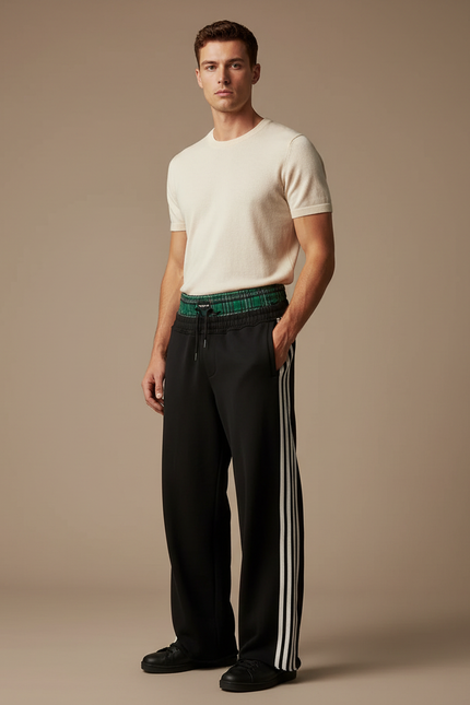 Pantalon Fluide Noir Ample Rayures Sport Homme - Polyester