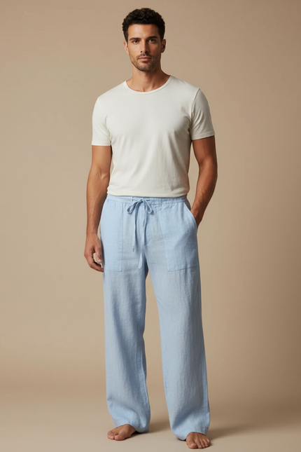 Pantalon Fluide Bleu Ciel Lin Ample Décontracté
