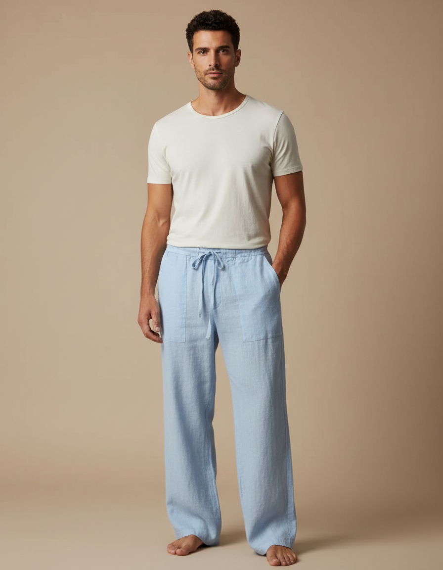 Pantalon Fluide Bleu Ciel Lin Ample Décontracté