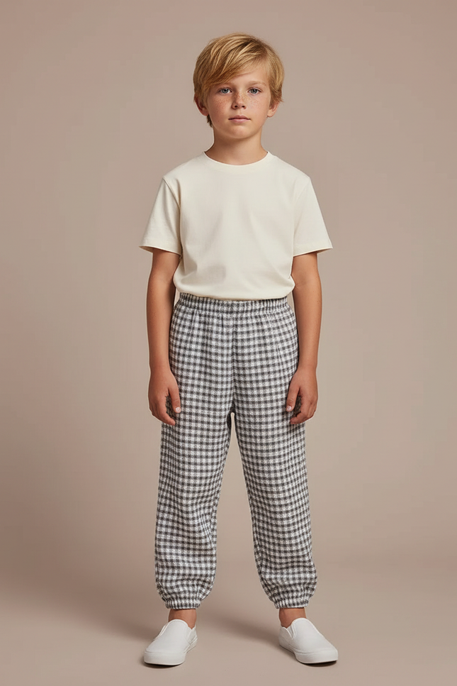 Pantalon Fluide Carreaux Vichy Élastiqué Décontracté Garçon - Imprimé Laine