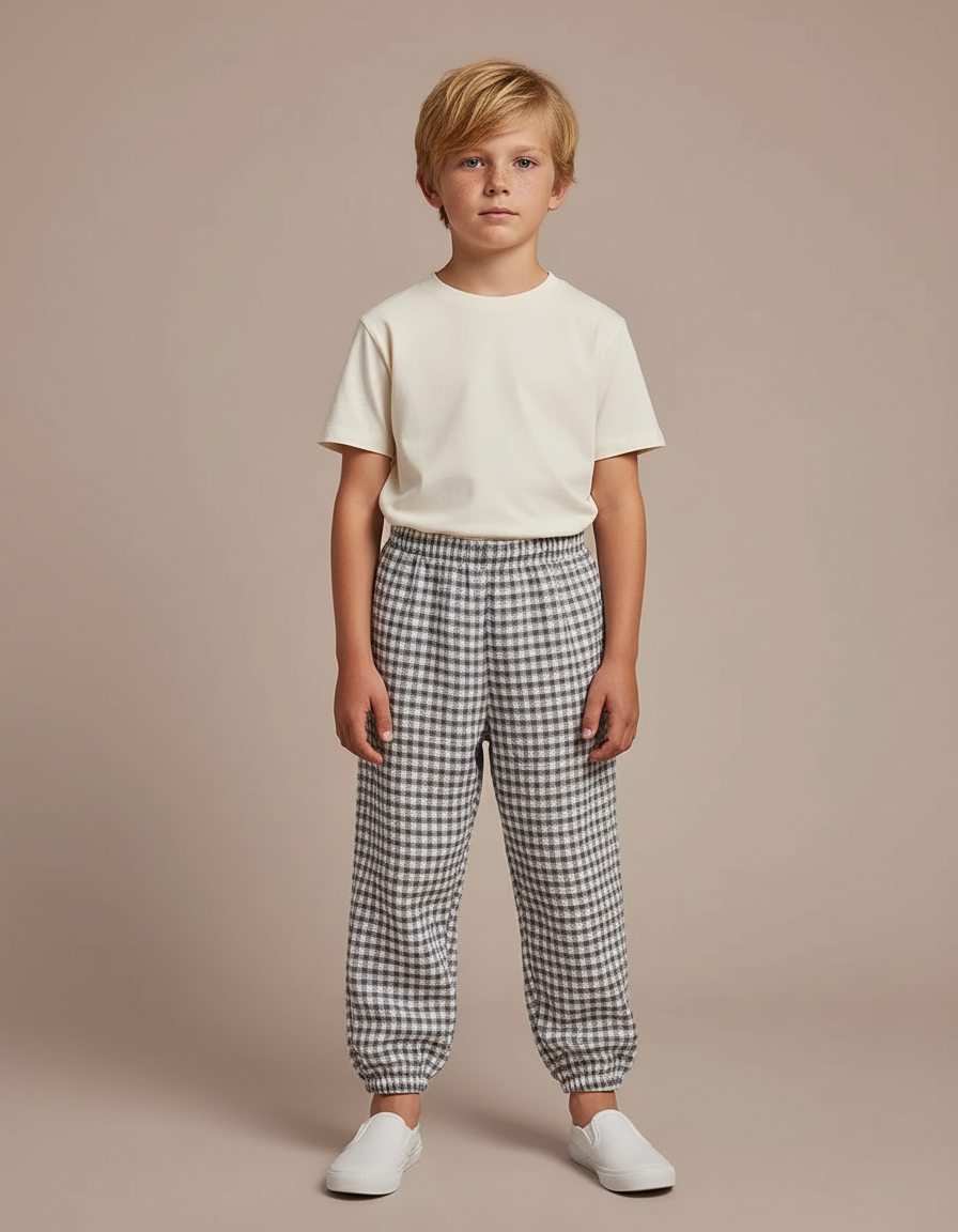 Pantalon Fluide Carreaux Vichy Élastiqué Décontracté Garçon - Imprimé Laine