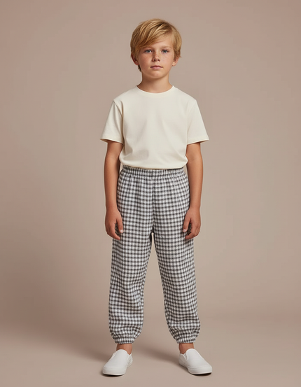 Pantalon Fluide Carreaux Vichy Élastiqué Décontracté Garçon - Imprimé Laine